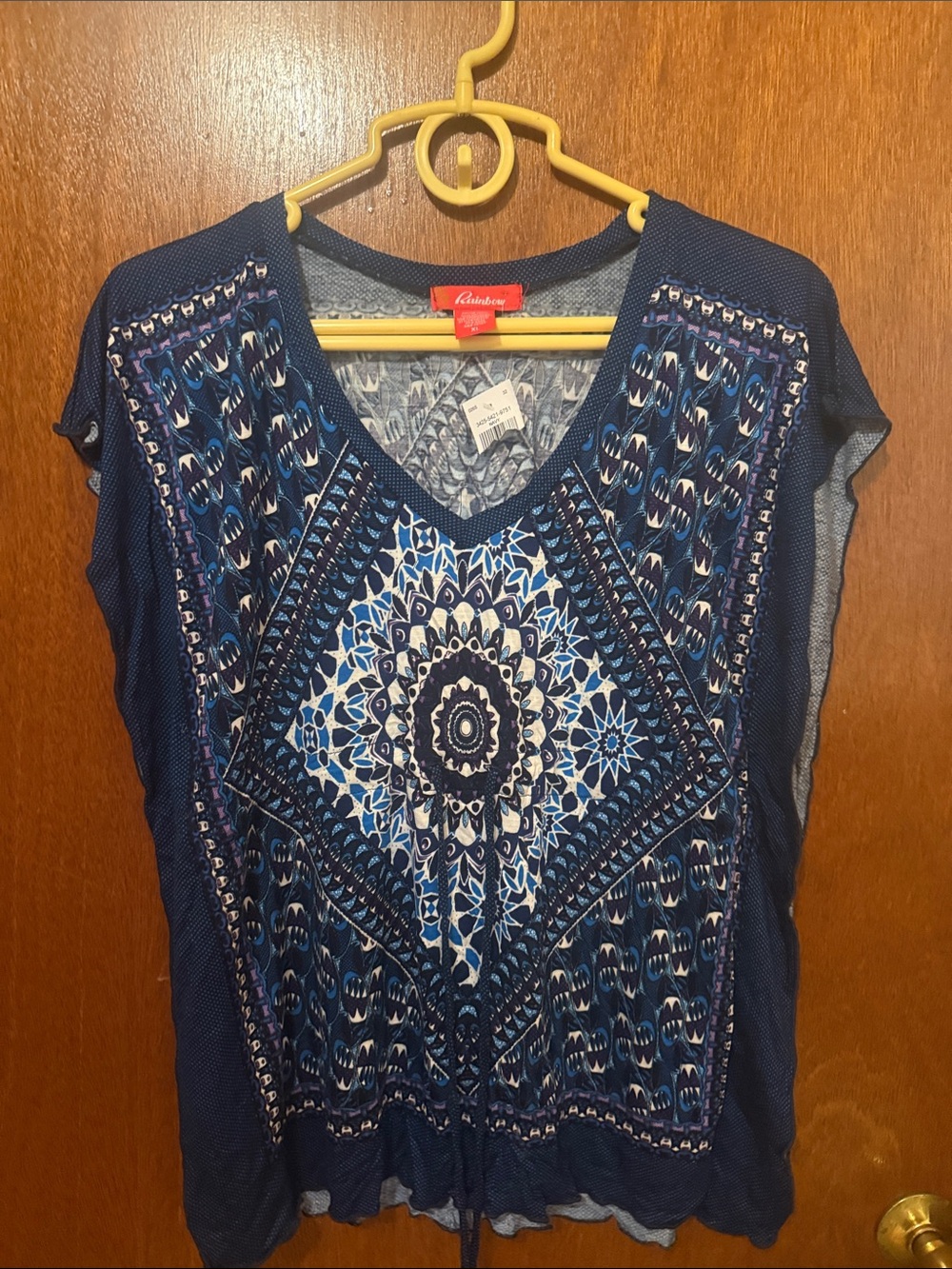 Rainbow Blue Printed V-Neck Blouse with Mandala Motif